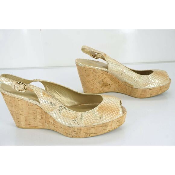 Stuart Weitzman Jean Metallic Snake Slingback Cork Wedge Heel Sandal SZ 10.5 New - Picture 2 of 11